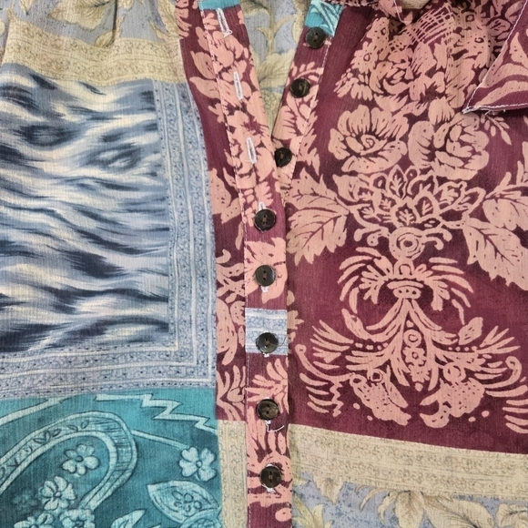 Coldwater Creek Animal Print Floral Patchwork Sheer Tie Neck Henley Blouse Boho - Picture 5 of 8